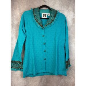NWT Storybook Knits Iridescent Gems Turquoise Embellished Cardigan Sweater M